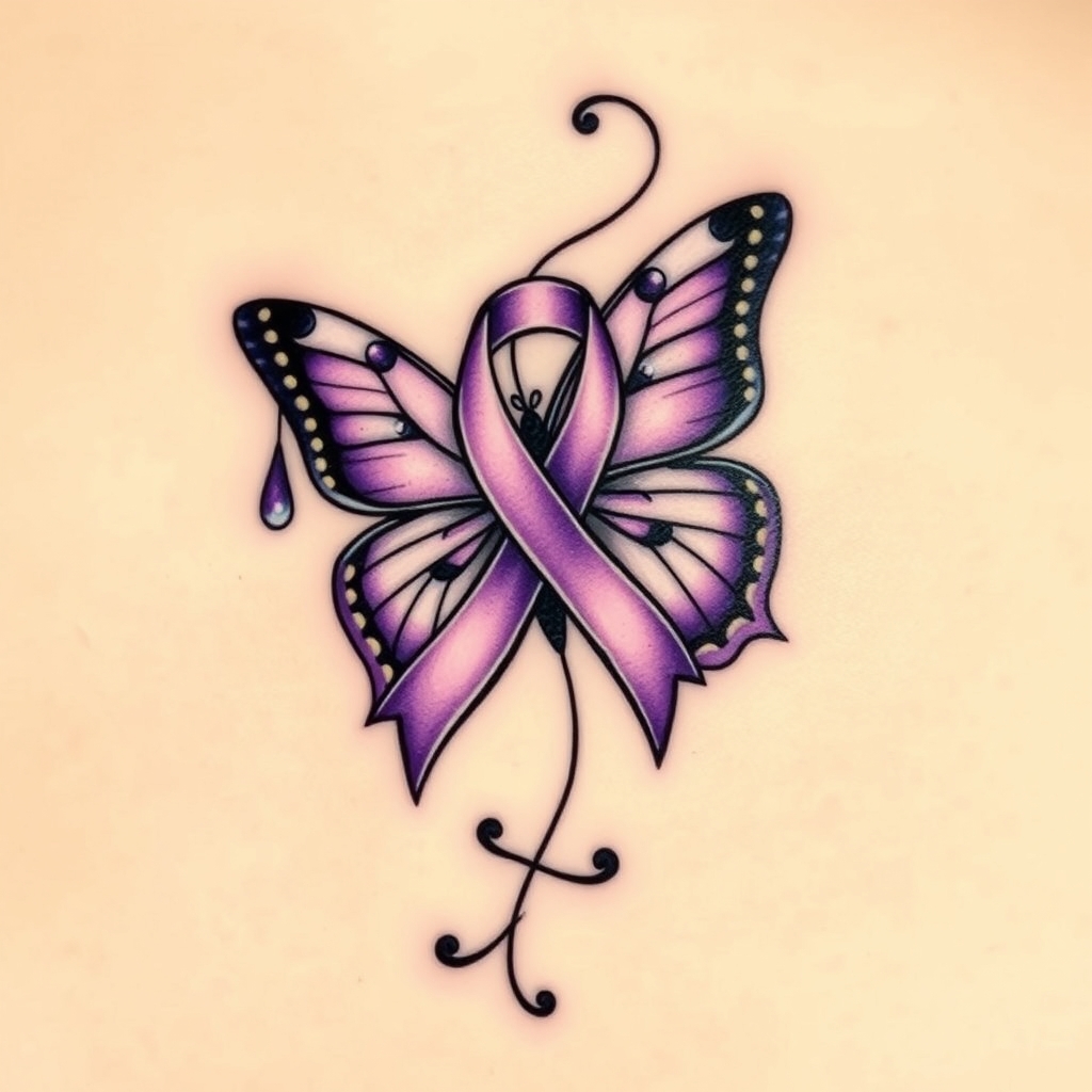 A tattoo design of  crying with the domestic awareness ribbon with a purple butterfly entwined together in the style of traditional. - awareness ribbon tattoo design generated by AI tattoo generator