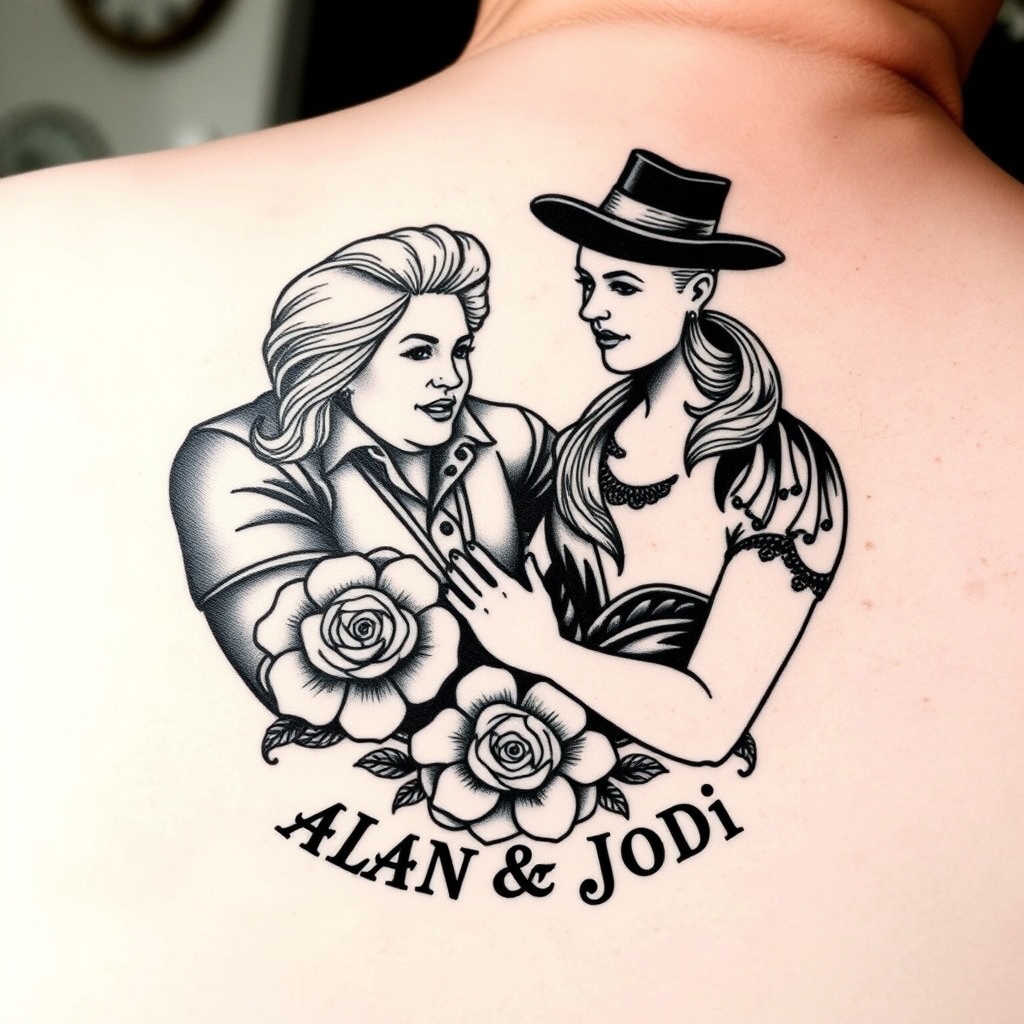 A tattoo design of Alan & Jodi established 1996 in the style of realistic. - personal relationship tattoo design generated by AI tattoo generator