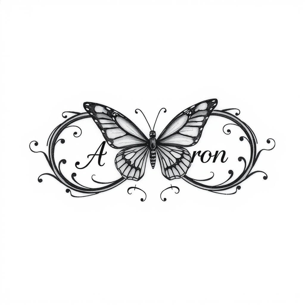 A tattoo design of Infinity symbol with the name Aaron butterfly in the style of blackwork. - symbol tattoo design generated by AI tattoo generator