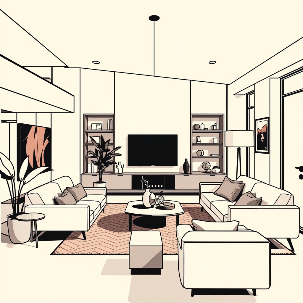 A tattoo design of A beautiful post modern livingroom in the style of Syd Mead in the style of minimalist in the style of geometric. - architecture tattoo design generated by AI tattoo generator