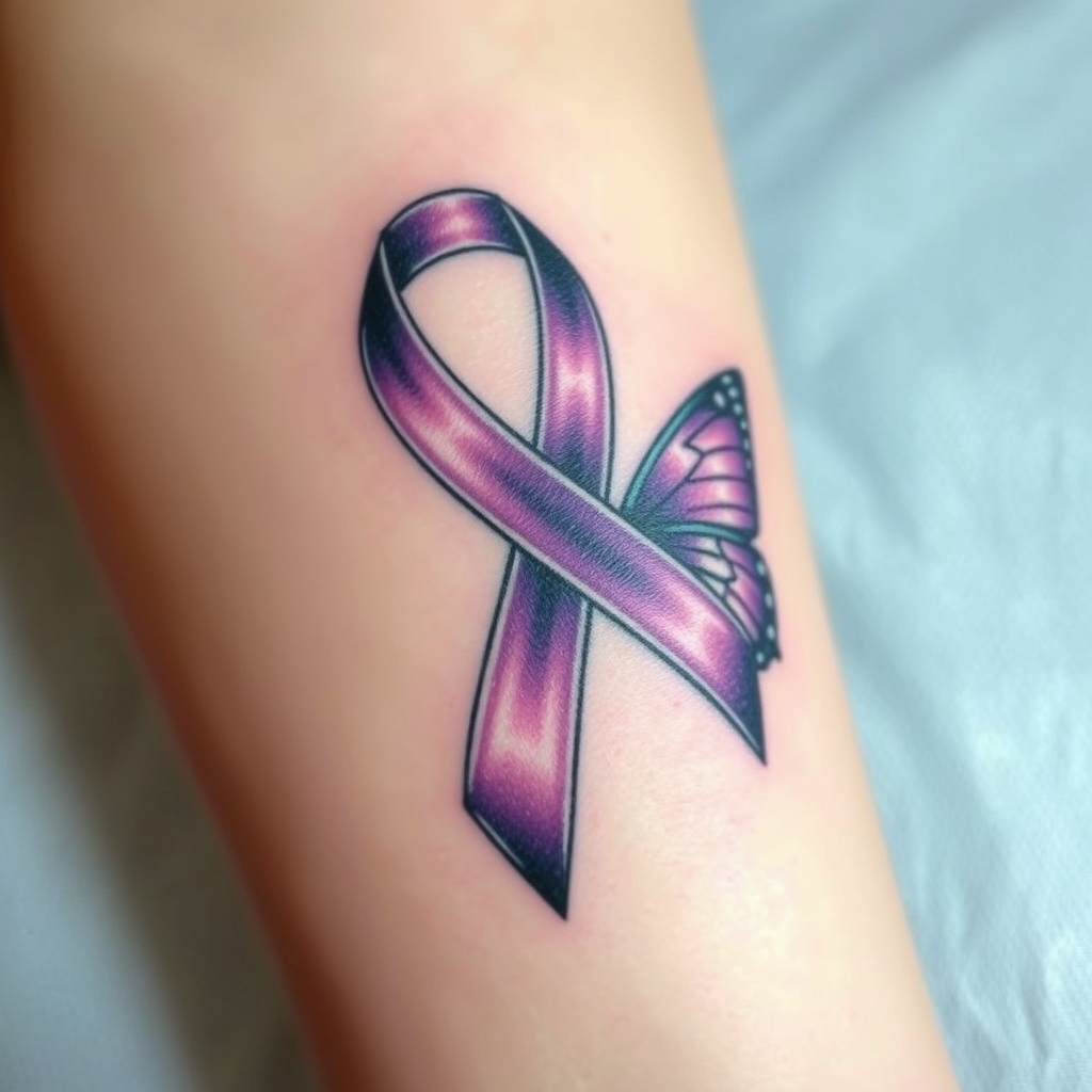 A tattoo design of Domestic violence ribbon awareness inclined together with a purple butterfly in the style of surrealistic. - awareness ribbon tattoo design generated by AI tattoo generator