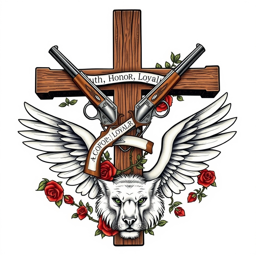 A tattoo design of A Large wooden Christian Cross with the words written in Latin (Truth, Honor, Loyalty) in a banner intertwined around the cross. 2 pearl-colored handle 1800's Colt 45 guns going diagonal across the back of the Cross with a vine of red roses wrapped around the cross and guns, and an White Eagles wings on a  gentle green-eyed lion in the style of realistic. - christian symbolism tattoo design generated by AI tattoo generator