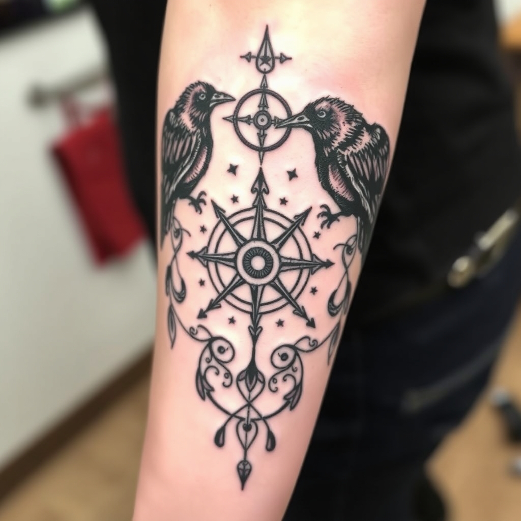 A tattoo design of feminine, odins ravens, yggdrasil, viking compass add a little red  Down my arm onto my wrist in the style of blackwork. - norse mythology tattoo design generated by AI tattoo generator
