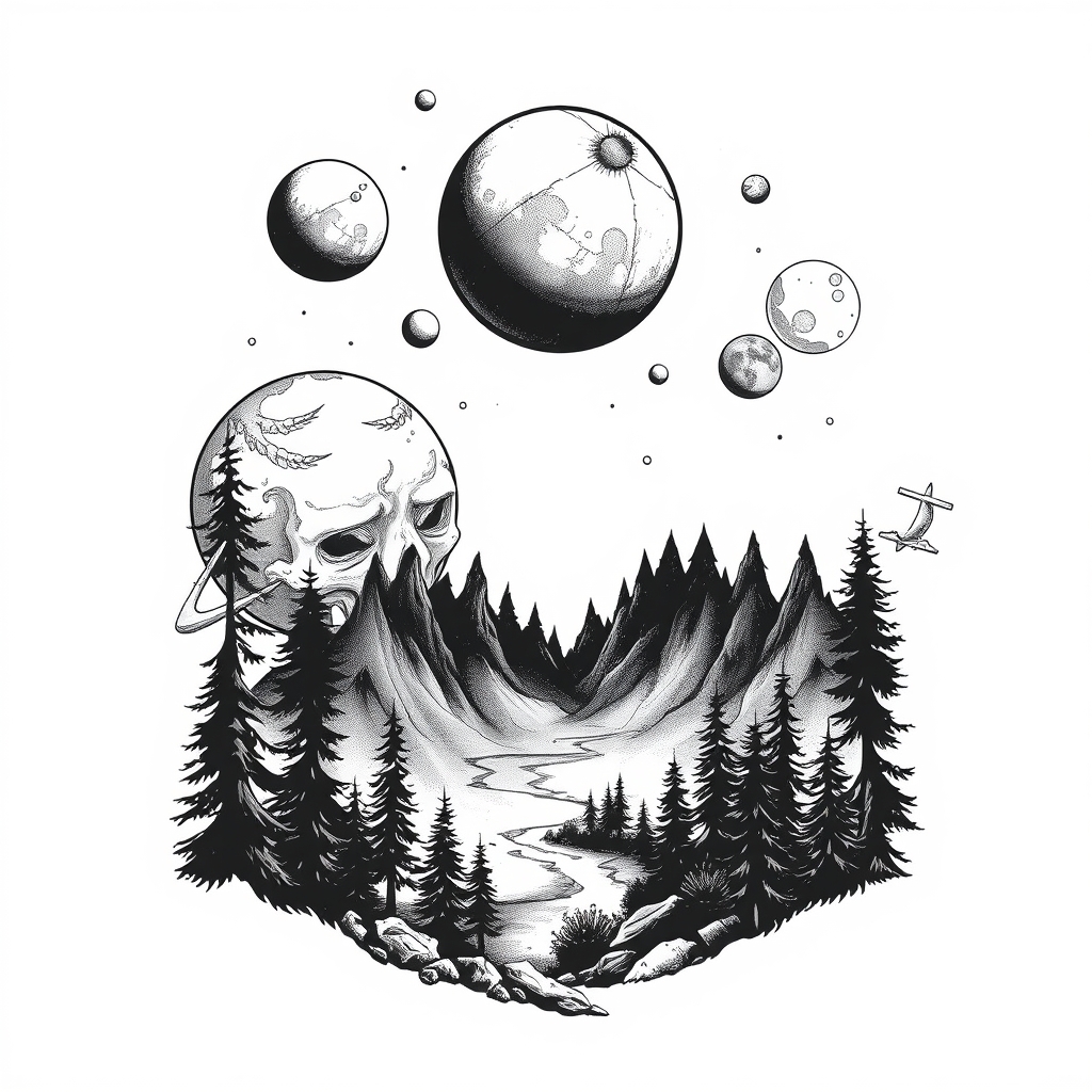 A tattoo design of Scary Forest and planets in the style of realistic. - space fantasy tattoo design generated by AI tattoo generator