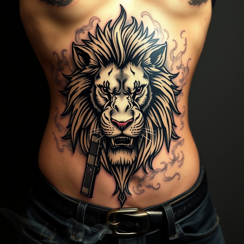 A tattoo design of female lion. incorporate gambling, guns, and smoke around it. dimentions for tattoo on the ribs from breast to hip bone give it a gamgster outlaw vibe in the style of tribal. - female lion tattoo design generated by AI tattoo generator