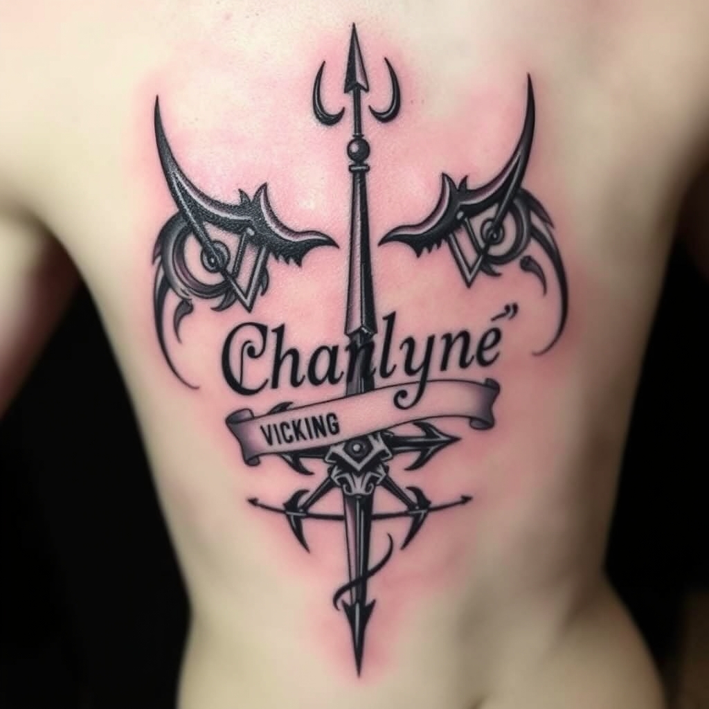 A tattoo design of Guerrière Vicking avec des signes tribaux, le prénom Charlyne écrit en Vicking, armée d'un trident in the style of surrealistic. - viking warrior tattoo design generated by AI tattoo generator