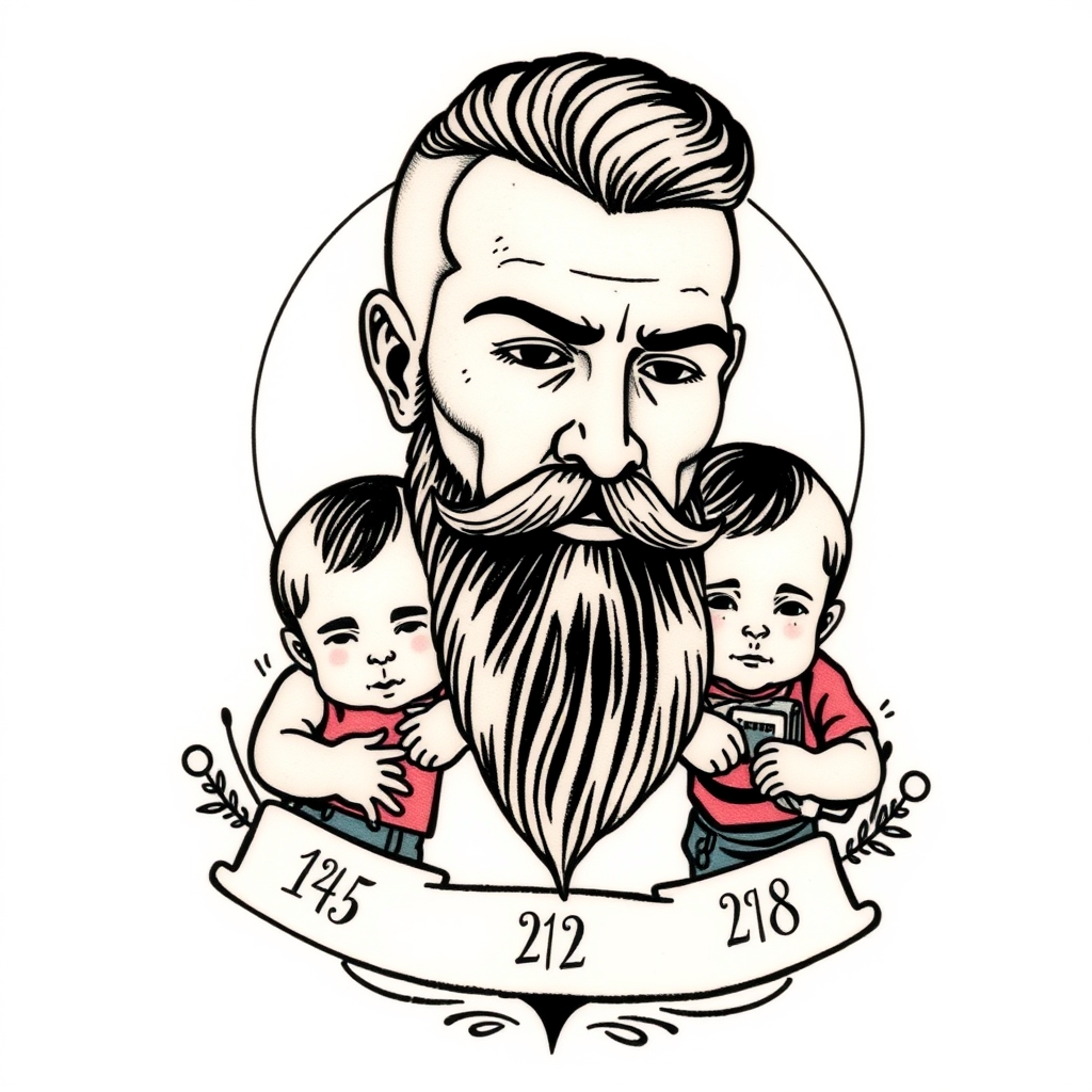 A tattoo design of A father with a goatee protecting his 3 kids showing their birthdays in the style of traditional. - family portrait tattoo design generated by AI tattoo generator
