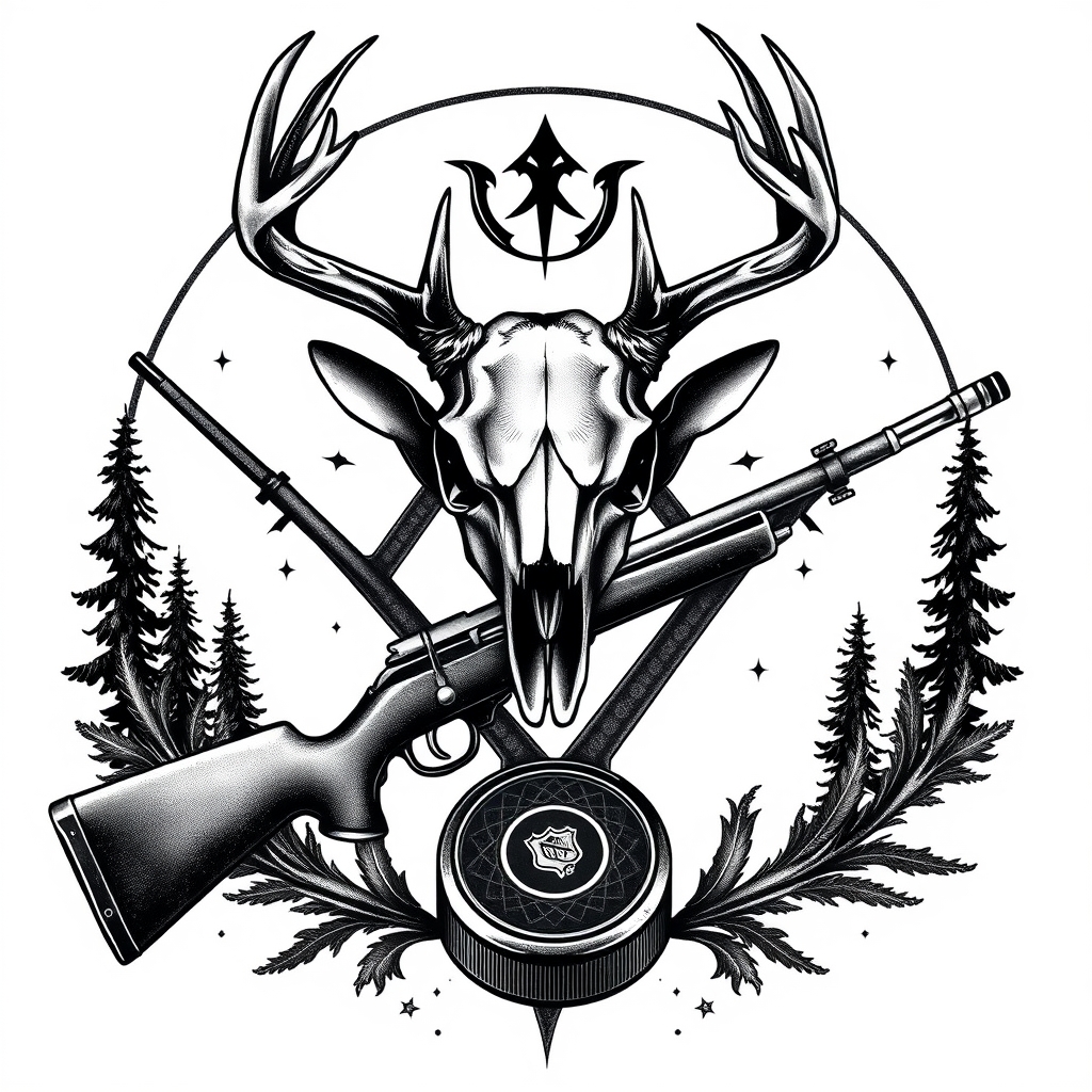 A tattoo design of i want a blackout deer skull on top of the x and i want a blackout hunting rifle going in an x with a blackout ice hockey stick in a x with the rifle with a blackout hockey puck in the style of realistic. - hunting symbols tattoo design generated by AI tattoo generator