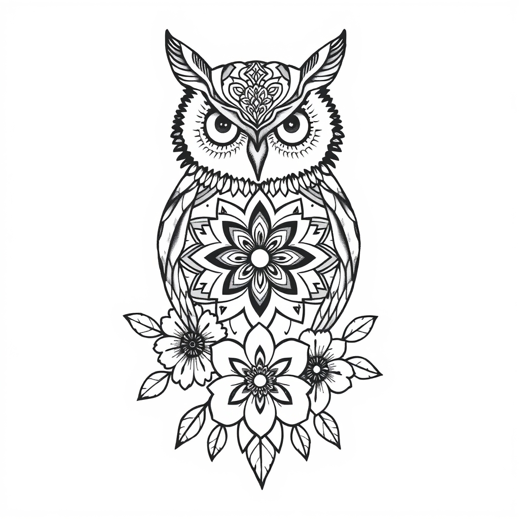 A tattoo design of Mandala owl cover up with mandala flowers on bottom and side of owl in the style of blackwork. - mandala owl tattoo design generated by AI tattoo generator