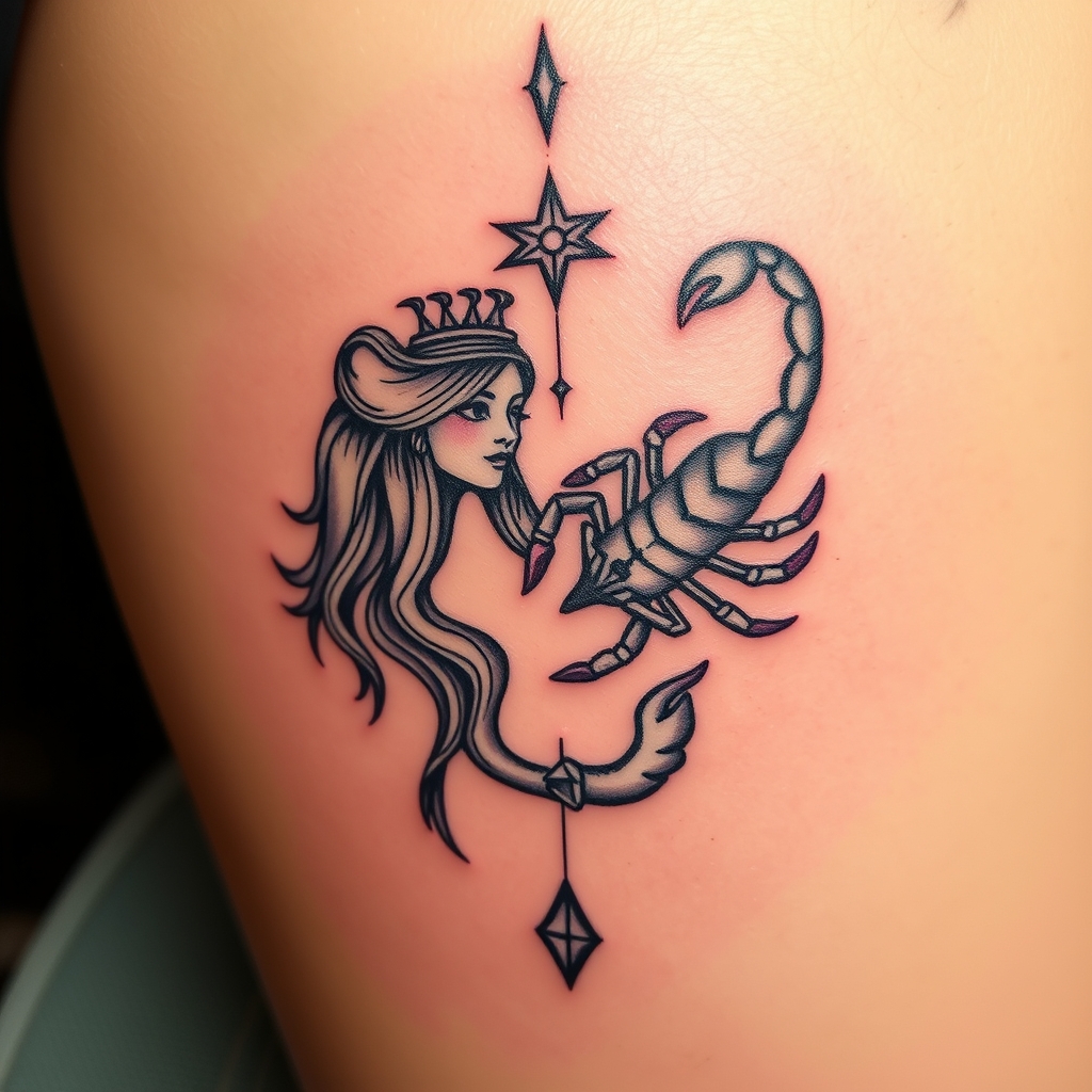 A tattoo design of Combine zodiac signs Aquarius and Scorpio in the style of surrealistic. - zodiac signs tattoo design generated by AI tattoo generator