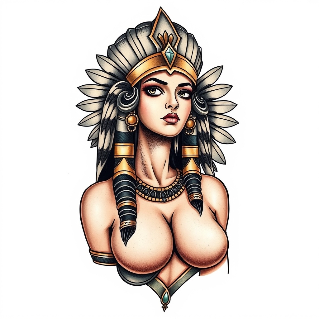 A tattoo design of Busty Cleopatra, full body in the style of realistic. - ancient egyptian queen tattoo design generated by AI tattoo generator