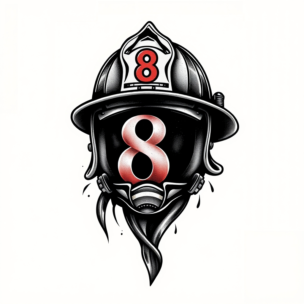 A tattoo design of A firefighter helmet with the number 8 in the style of realistic. - firefighter gear tattoo design generated by AI tattoo generator