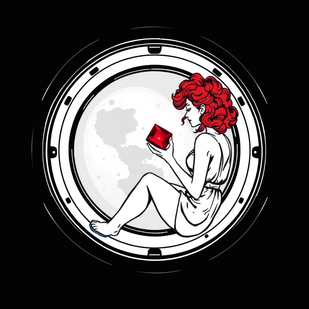 A tattoo design of Black and grey style. Curious redhead woman in romper with curly hair sitting in a small space capsule alone, facing the window. Floating through space with nothing to keep her company but a shining red ruby which she holds close by the porthole window. They are both sitting by the window peering out on an unknown planet. in the style of abstract. - space travel tattoo design generated by AI tattoo generator