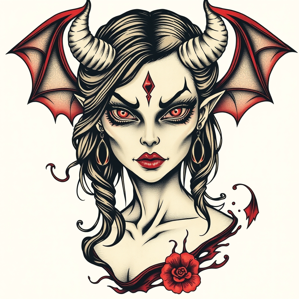 A tattoo design of Många girl who looks evil in the style of surrealistic. - female portrait tattoo design generated by AI tattoo generator