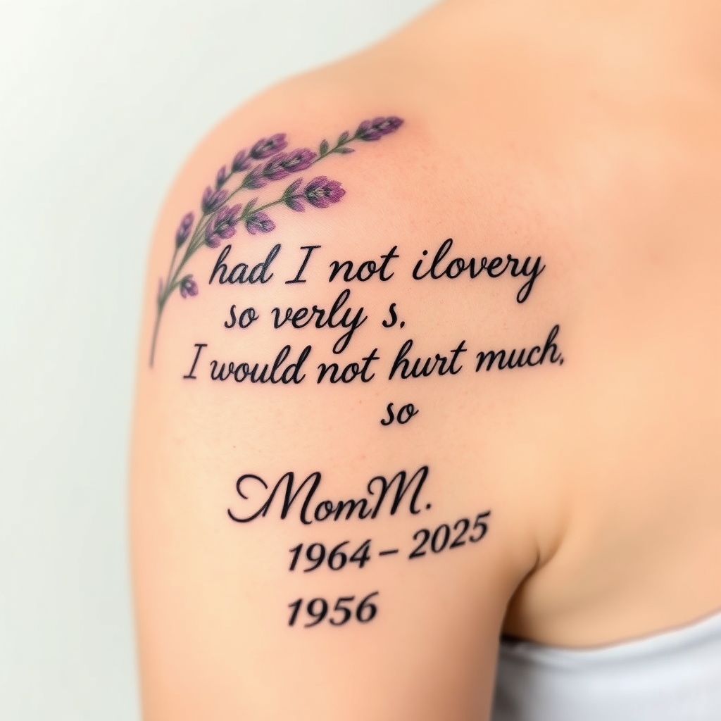 A tattoo design of right shoulder blade tattoo. Lavender with the words Had I not loved so very much, I would not hurt so much in cursive. Mom 1964-2025 underneath in serif  in the style of traditional. - memorial quote tattoo design generated by AI tattoo generator