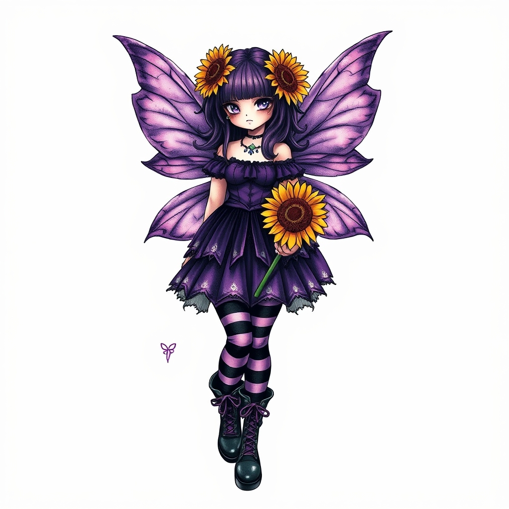 A tattoo design of Dark goth strong flower fairy, purple hair,  dressed in purple and black with striped tights and dm boots.  Holding sunflowers. Slightly plump in the style of realistic. - fairy tattoo design generated by AI tattoo generator