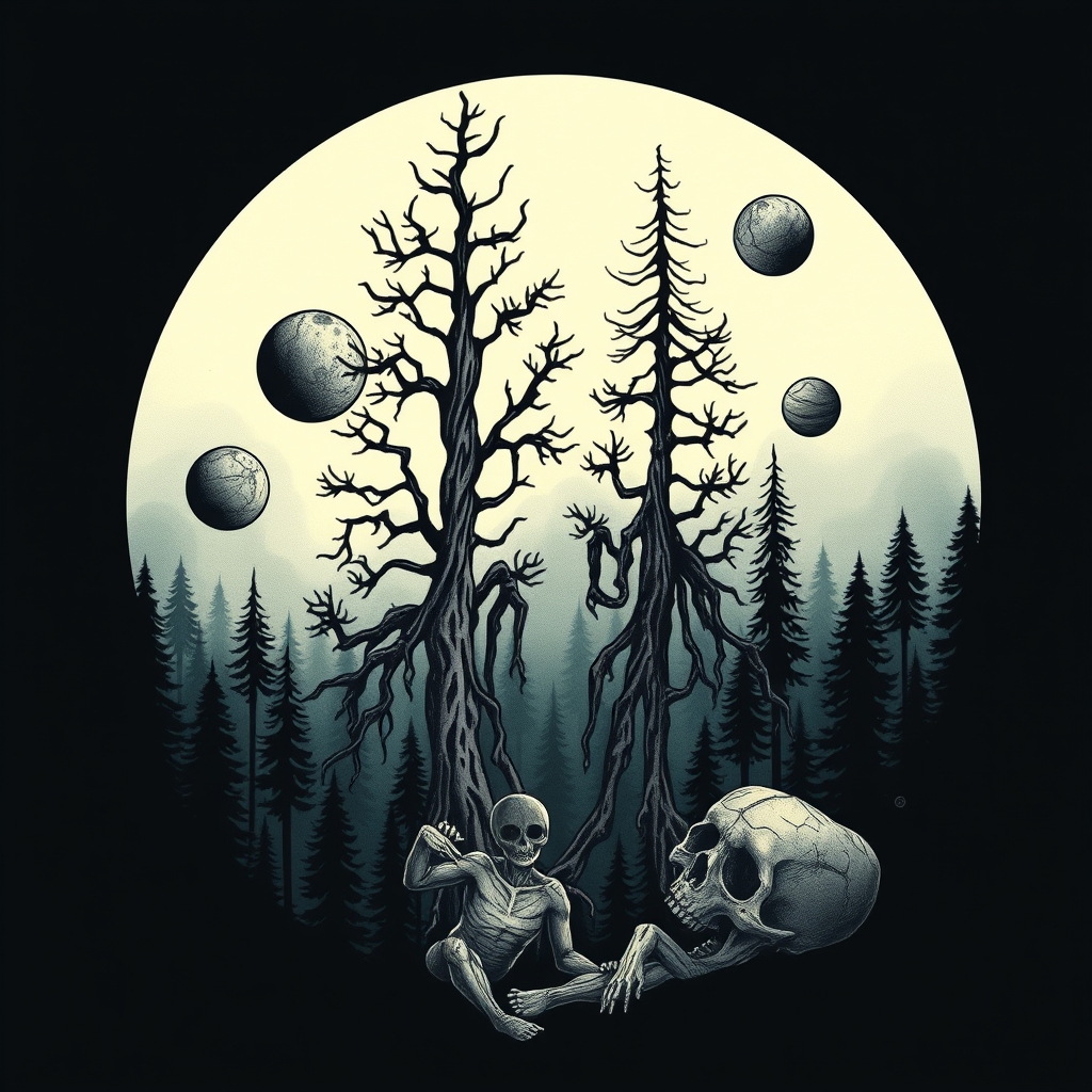 A tattoo design of Scary Forest and planets in the style of surrealistic. - space fantasy tattoo design generated by AI tattoo generator