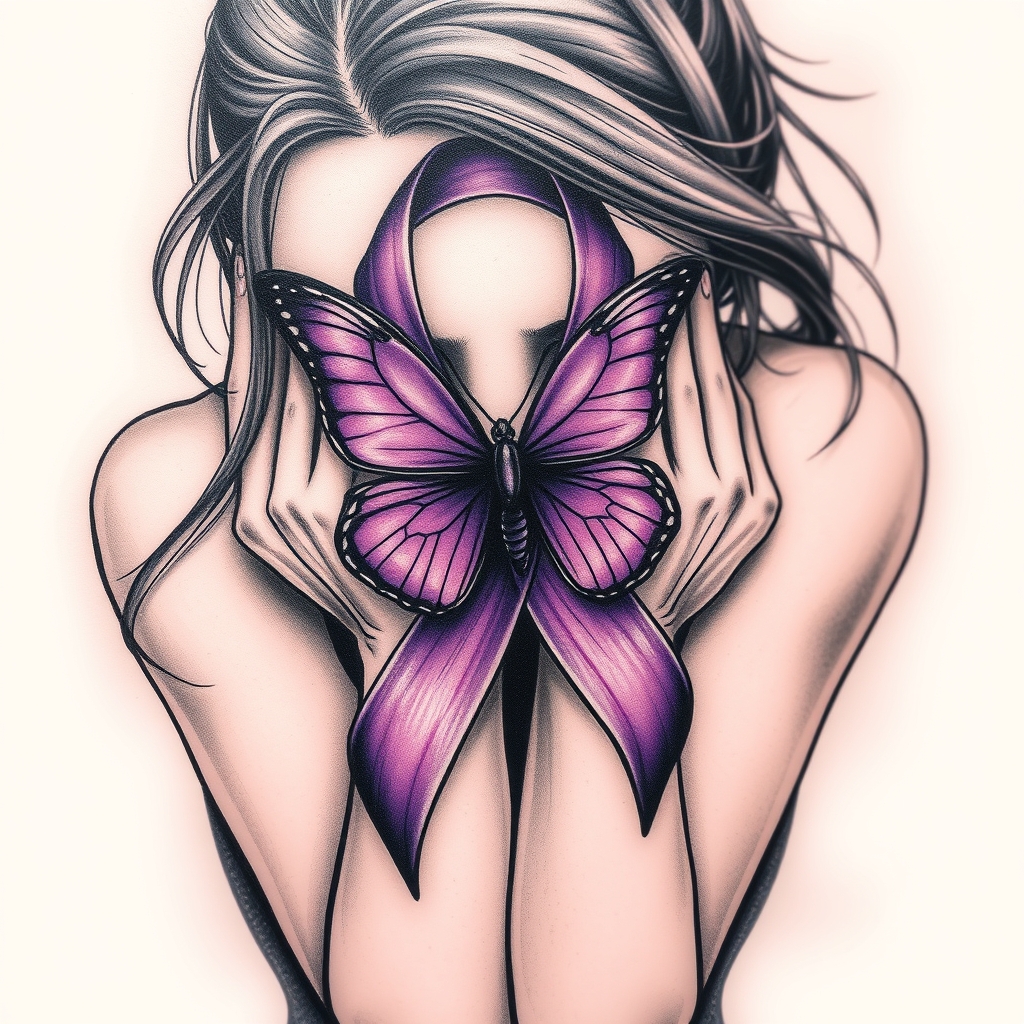 A tattoo design of Domestic violence ribbon awareness inclined together with a purple butterfly as a women hunched over her hands overing her face in the style of abstract. - domestic violence awareness tattoo design generated by AI tattoo generator
