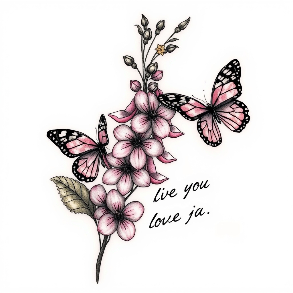 A tattoo design of Bloomed Larkspur with very little butterflies with I love you in cursive in the style of surrealistic. - flowers and nature tattoo design generated by AI tattoo generator