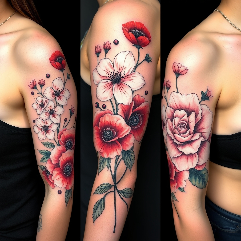 A tattoo design of arm sleave of Cherry blossoms with poppy flowers with scarlet carnation with white Cherokee rose and camellia in the style of realistic. - flowers tattoo design generated by AI tattoo generator