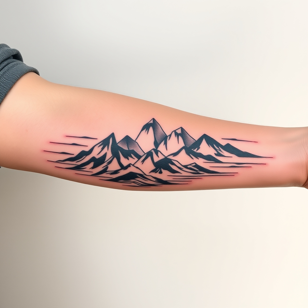 A tattoo design of Long Masculine peruvian tattoo for a forearm with mountains in the style of abstract. - mountains tattoo design generated by AI tattoo generator