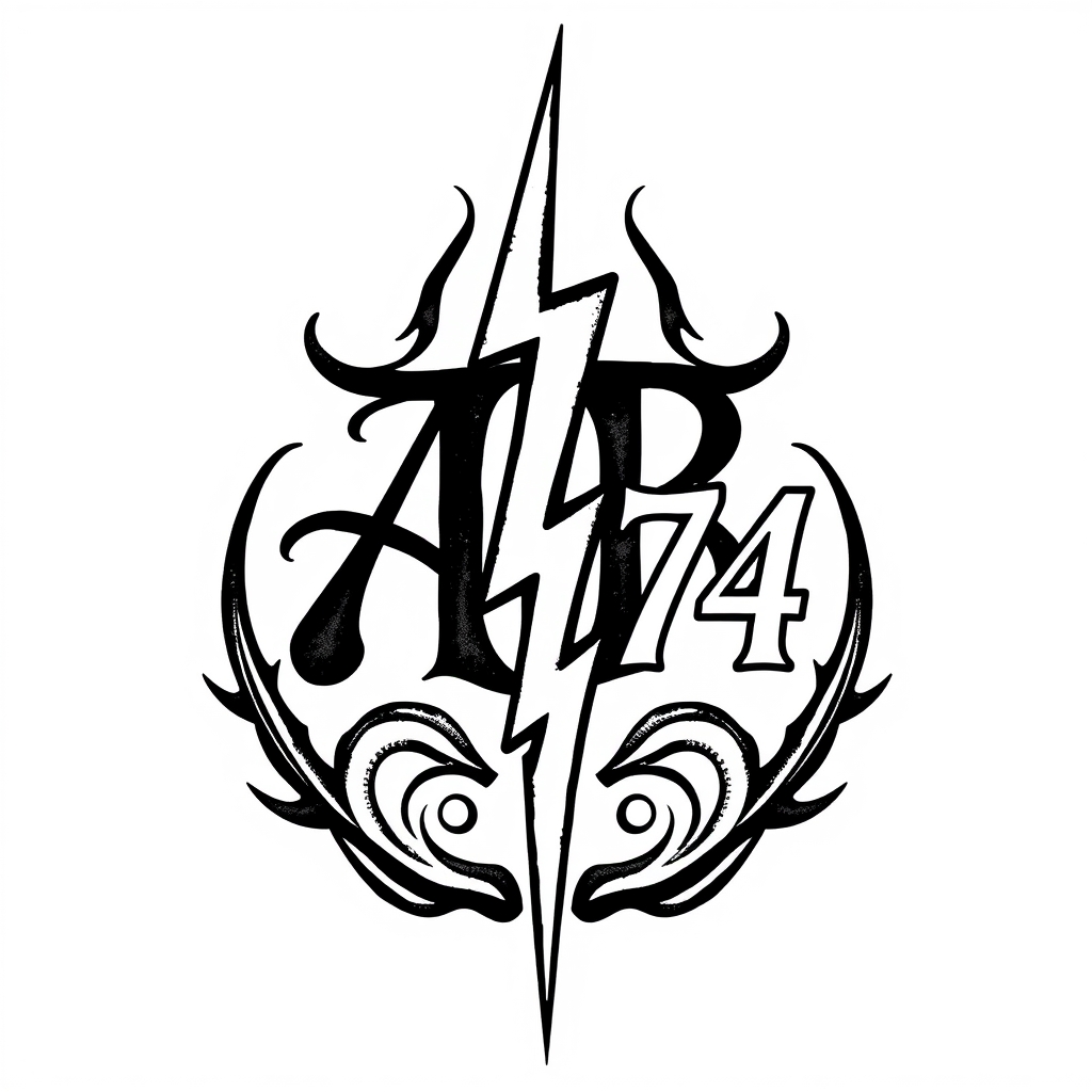 A tattoo design of Initials AB, year 74, lightning bolt in the style of tribal. - symbolic emblem tattoo design generated by AI tattoo generator