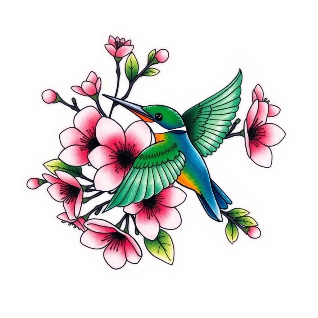 A tattoo design of Bunches of pink cherry blossoms with green and blue kingfisher in flight in the style of minimalist. - nature tattoo design generated by AI tattoo generator