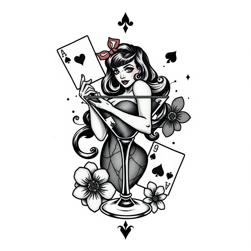 A tattoo design of pinup girl in coctail glass surrounding with play cards in the style of blackwork. - pin up girl tattoo design generated by AI tattoo generator