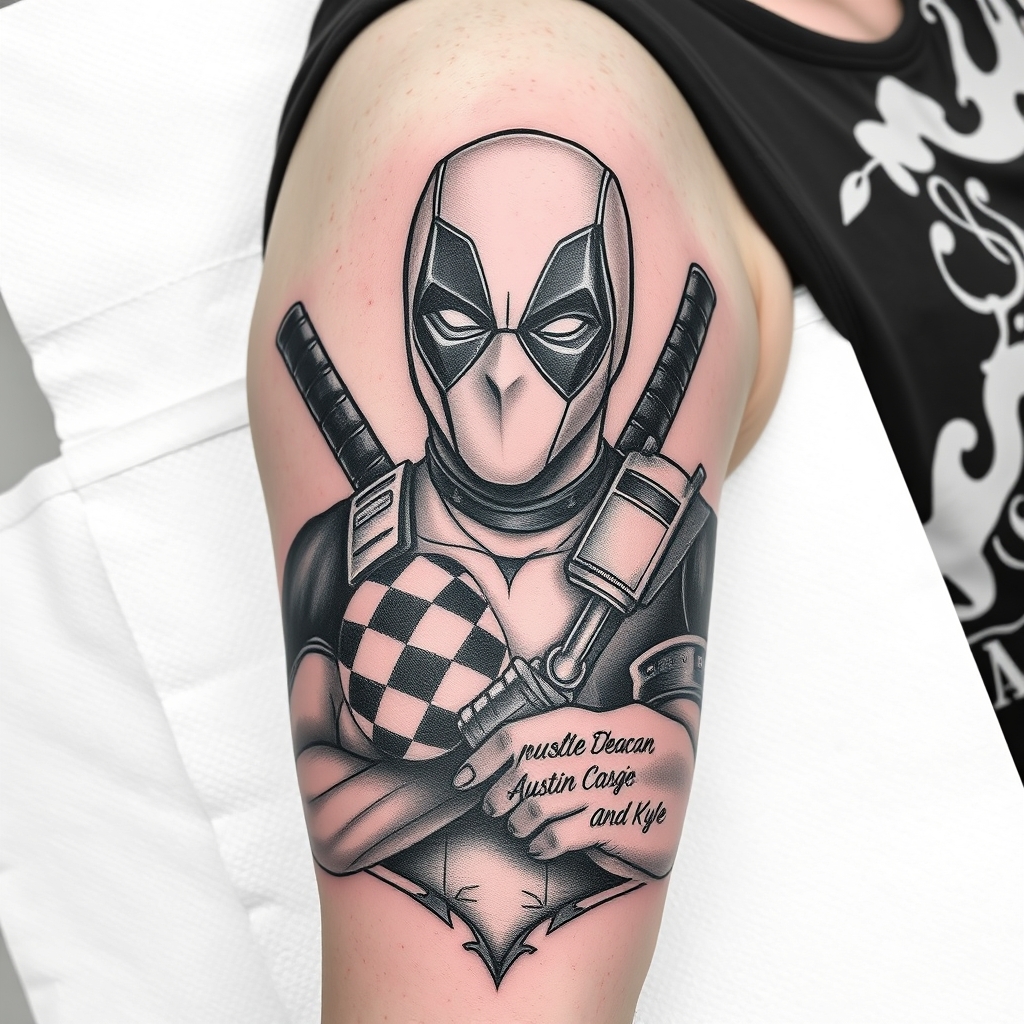 A tattoo design of Top half sleeve black and grey tattoo with a small deadpool holding a tattoo gun after finishing tattooing the names Deacan Austin and Kyle on my arm in the style of blackwork. - deadpool tattoo design generated by AI tattoo generator