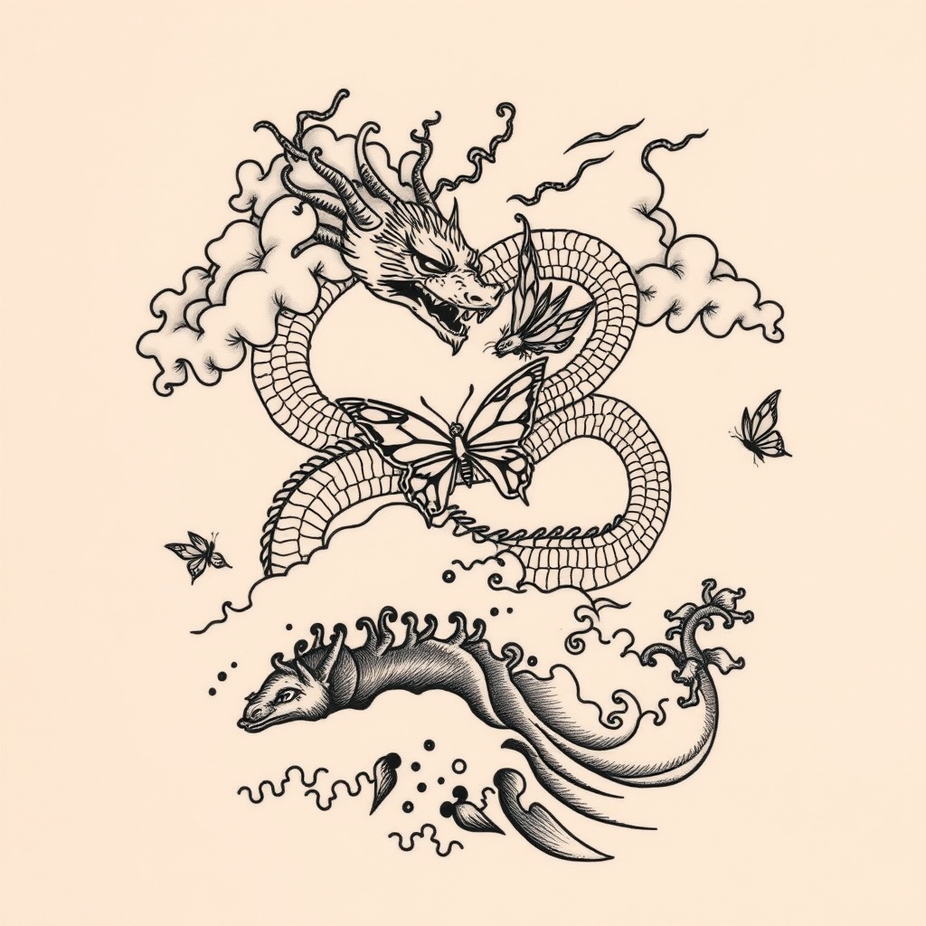 A tattoo design of Swirling clouds intertwined with butterfly dragons over Japanese style ocean waves over  in the style of minimalist. - fantasy creatures tattoo design generated by AI tattoo generator