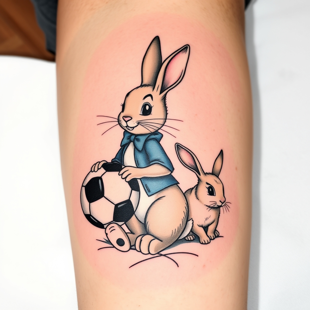 A tattoo design of Peter rabbit, soccer ball, and a rabbit in the style of realistic. - children's characters tattoo design generated by AI tattoo generator