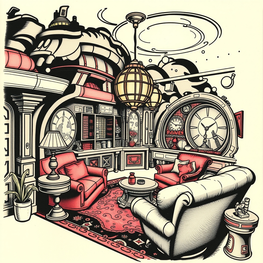 A tattoo design of Scifi house Interiors, by Syd Mead in the style of traditional. - science fiction tattoo design generated by AI tattoo generator