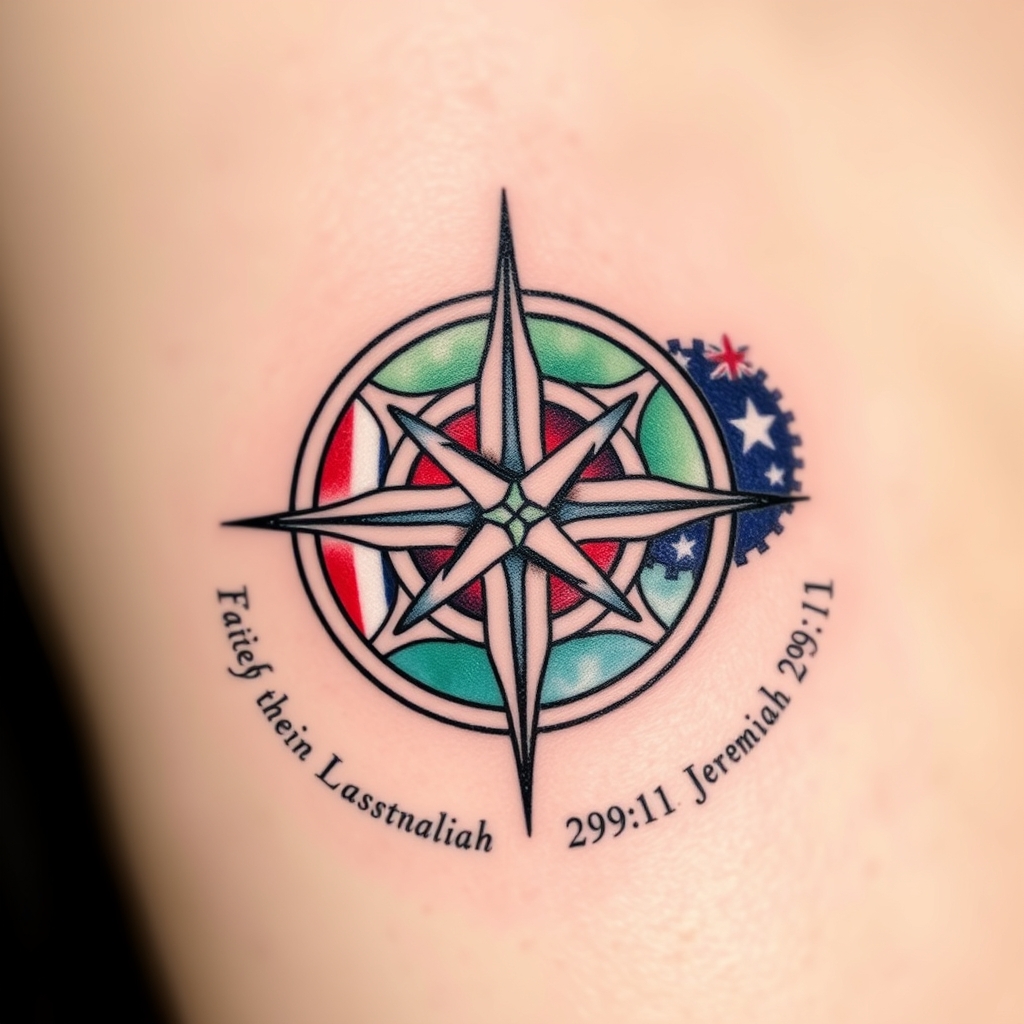 A tattoo design of Sure — here's a text-based symbolic cmale tattoo Gaelic + Danish + Australian + Faith  [Core Symbols] - Celtic Knot (Trinity or Shield Knot): Gaelic heritage, eternity, unity - Vegvísir (Viking Compass): Danish/Nordic ancestry, guidance, resilience - Southern Cross: Australian connection, Southern Hemisphere identity  [Spiritual Element] - Jeremiah 29:11: Faith, divine guidance, hope   → Placement: Curved under design or encircling as outer ring  [Color/Style] - Linework: Fine black lines, clean and detailed - Watercolour Accent:   - Red & White (Danish flag tones)   - Green-Blue (Gaelic landscape/sea)   - Navy Blue (Southern Cross, subtle night-sky backdrop)  [Composition/Style] - Symmetrical circular layout - Central knot + compass layered as one form - Stars positioned in upper-right or embedded into compass - Script font (elegant or handwritten) for verse - Shoulder or upper arm, palm-sized  [Optional Enhancements] - Ogham script or Nordic rune subtly worked into border - Faint compass directions (N, S, E, W) around Vegvísir   ---  🛠️ For a Tattoo Artist  You can show this code to your tattoo artist along with the sketch. Let them know:  Placement (upper arm)  Size (palm-sized)  Watercolour style preference  Any personal touch (e.g., family name in Ogham or rune)   Would you like me to generate a final version with more clarity and cleaner lines for tattooing, or export this as a printable reference? in the style of realistic. - tattoo design tattoo design generated by AI tattoo generator