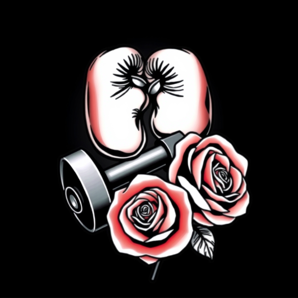 A tattoo design of A pair of boxing gloves, a weight dumbell, and one rose in the style of abstract. - sports equipment tattoo design generated by AI tattoo generator