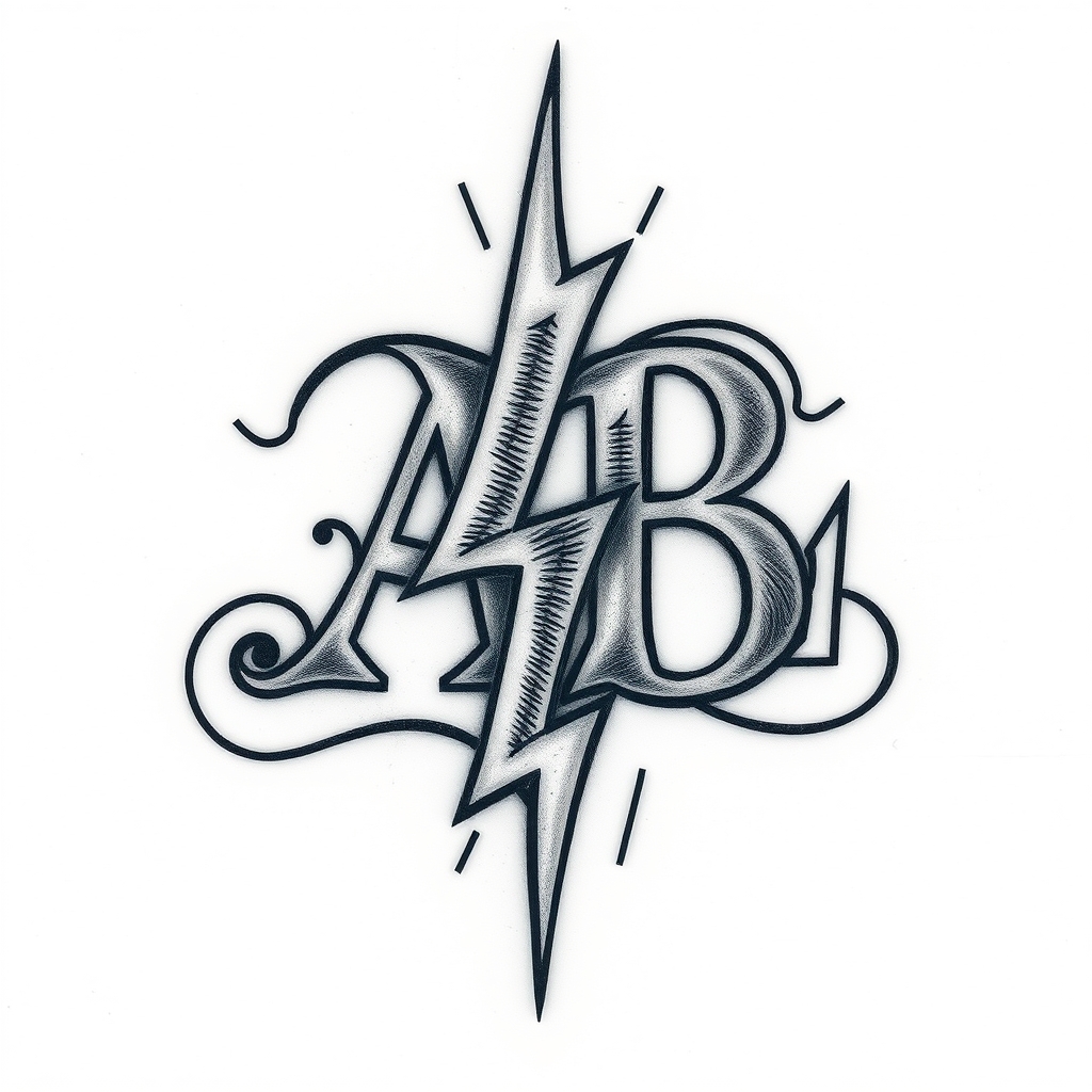 A tattoo design of Initials AB, year 74, lightning bolt in the style of realistic. - symbol tattoo design generated by AI tattoo generator