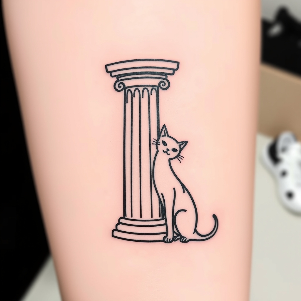 A tattoo design of Simple lined Greek pillar with a sleek cat stretching next to it  in the style of minimalist. - greek architecture tattoo design generated by AI tattoo generator