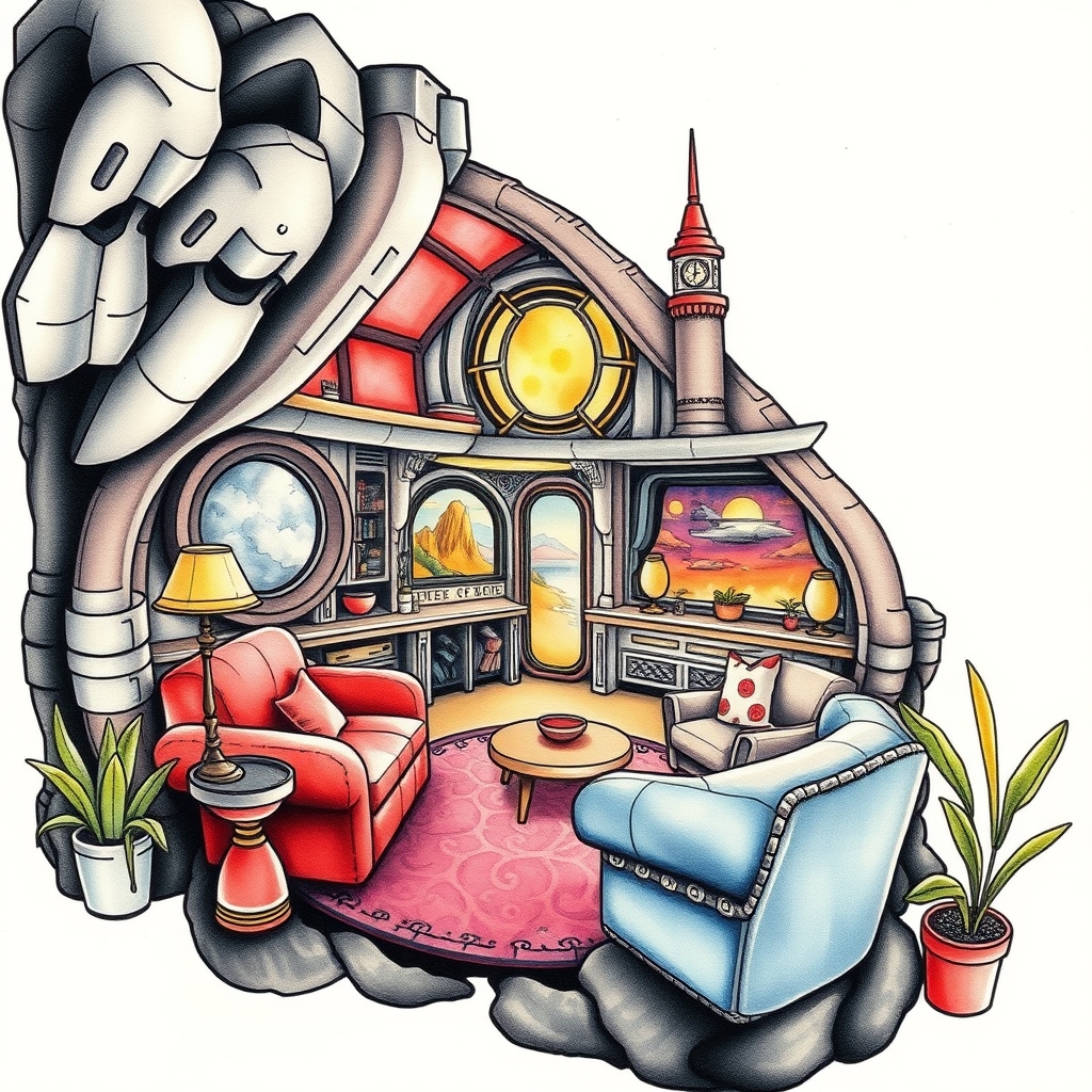 A tattoo design of Scifi house Interiors, by Syd Mead in the style of watercolor. - science fiction tattoo design generated by AI tattoo generator