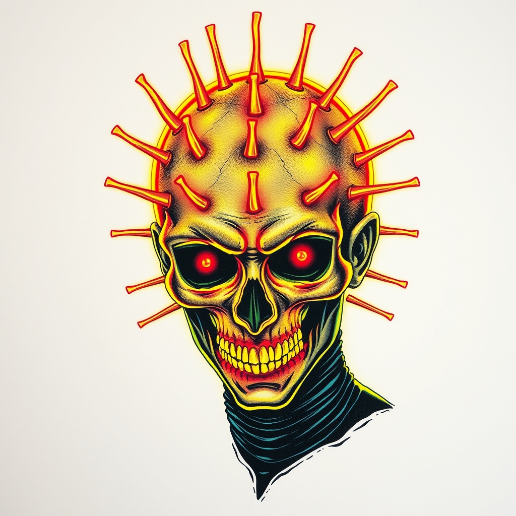 A tattoo design of Pinhead from hellraiser with neon glow in the style of realistic. - horror movie tattoo design generated by AI tattoo generator
