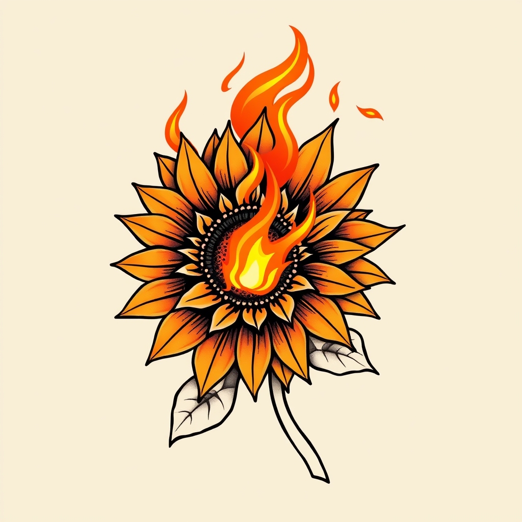 A tattoo design of A sunflower with fire  in the style of japanese. - flora with element tattoo design generated by AI tattoo generator