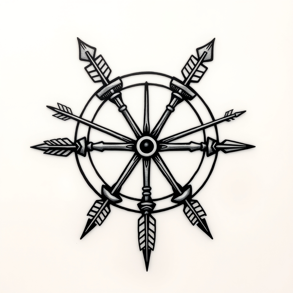 A tattoo design of a triskelion made from three interlocking bows and arrows in the style of traditional. - celtic symbol tattoo design generated by AI tattoo generator