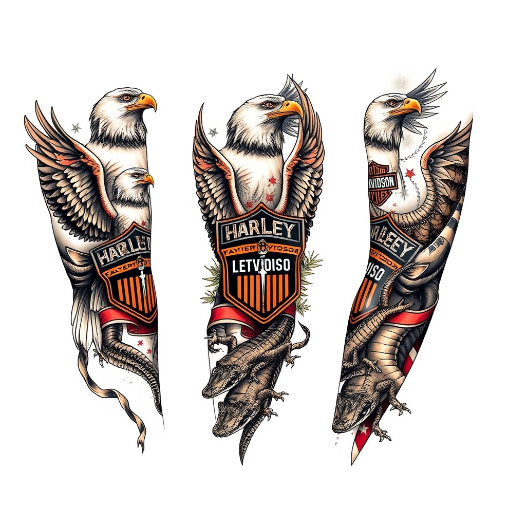 A tattoo design of Right arm full sleeve with Harley Davidson theme with eagles mixed with Florida swamp theme with american alligators in the style of realistic. - motorcycle culture tattoo design generated by AI tattoo generator