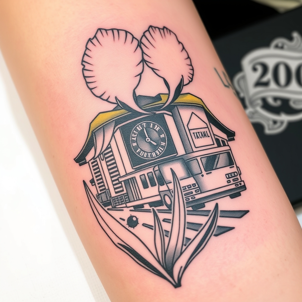 A tattoo design of City of fullerton with iris 2300 st in the bottom  in the style of realistic. - cityscape tattoo design generated by AI tattoo generator