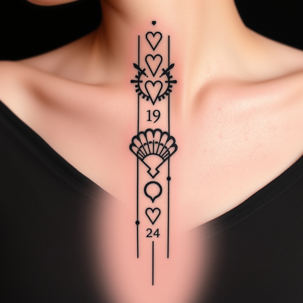 A tattoo design of Vertical line, small symbols: heart, shell, 19, ring, 24 in the style of tribal. - symbol collection tattoo design generated by AI tattoo generator