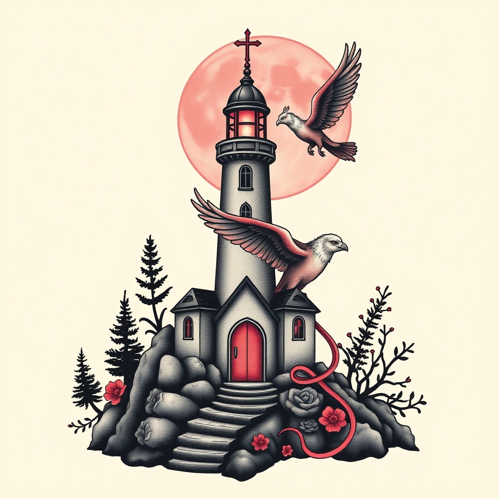 A tattoo design of Chapel with light house pink moon an lupine an phoenix  in the style of surrealistic. - landmarks and fantasy tattoo design generated by AI tattoo generator