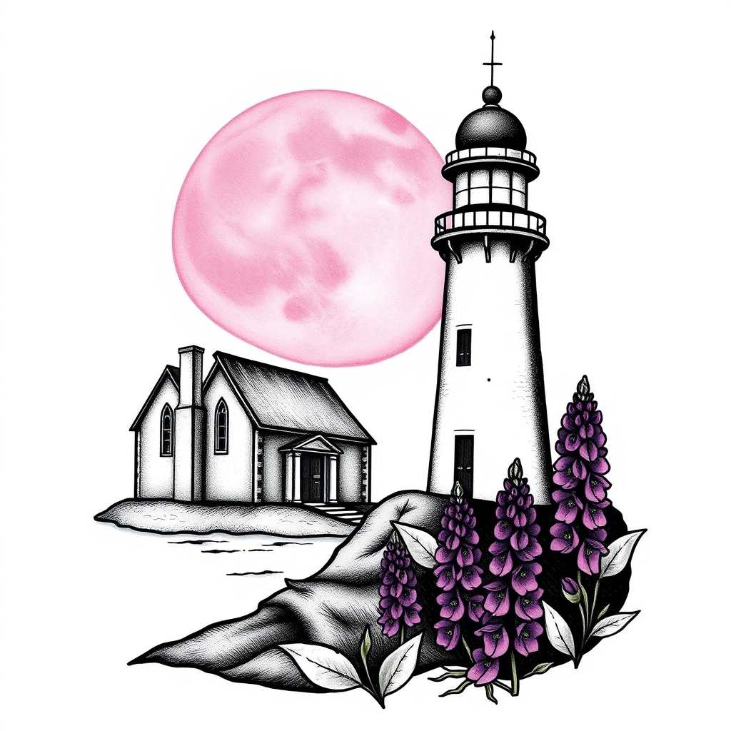 A tattoo design of Chapel and a lighthouse beside it with a pink moon an purple lupines in the style of blackwork. - landmarks and nature tattoo design generated by AI tattoo generator