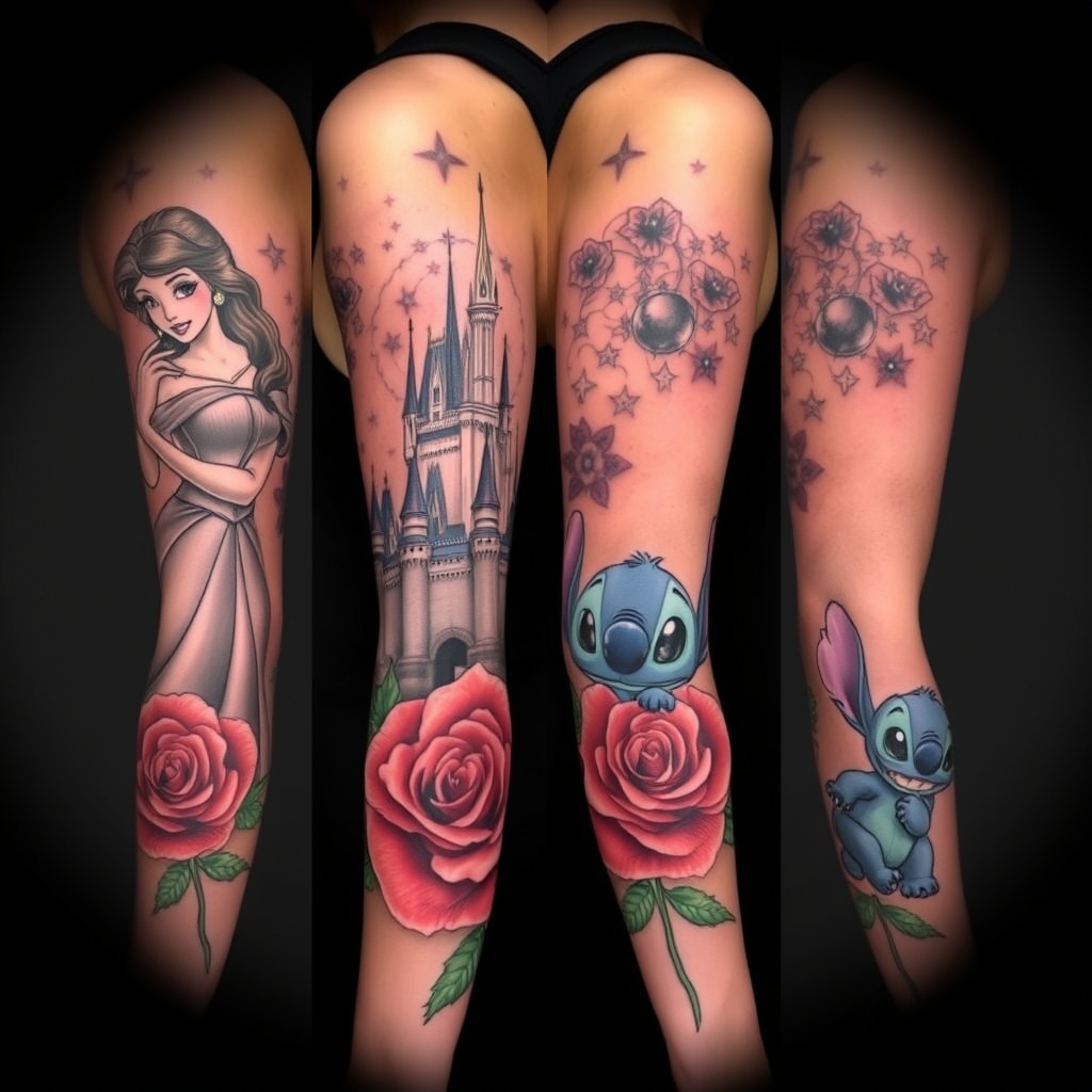A tattoo design of Disney sleeve with belle, castle, red rose, stitch in the style of realistic. - disney characters tattoo design generated by AI tattoo generator