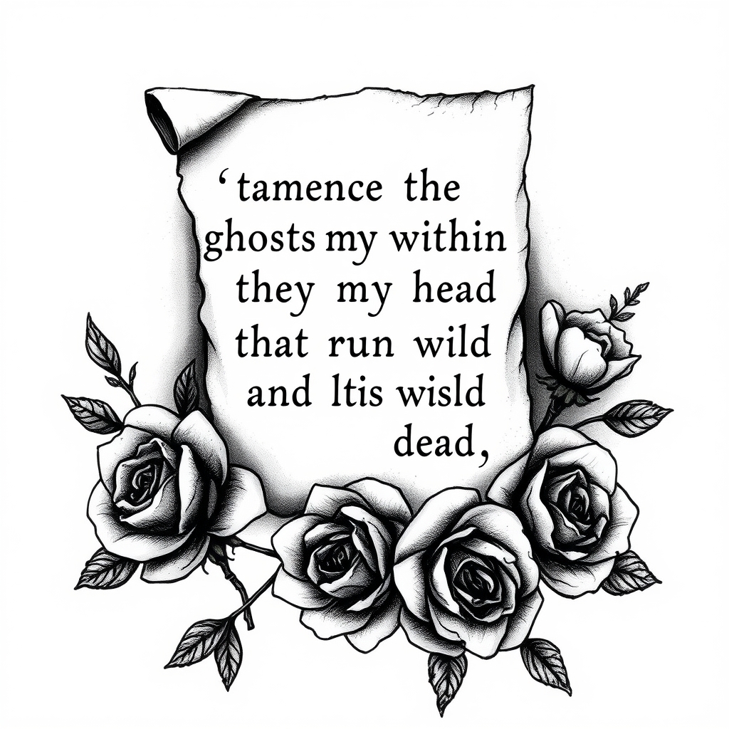 A tattoo design of a piece of paper or canvas thats torn. on it reads "tame the ghosts within my head that run wild and wish me dead" wilted roses lie underneath in the style of blackwork. - mental health tattoo design generated by AI tattoo generator