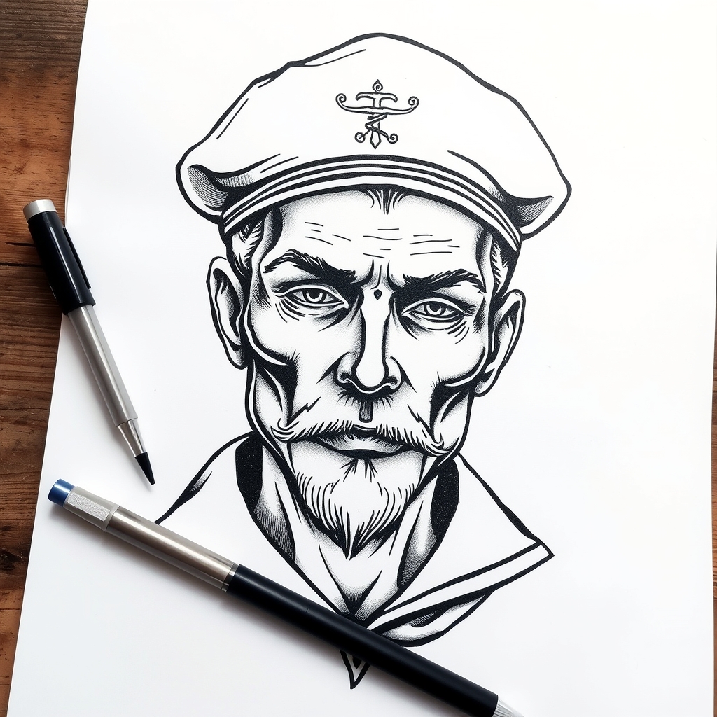 A tattoo design of b/w vintage sailor full face on white paper in the style of blackwork. - sailor portrait tattoo design generated by AI tattoo generator