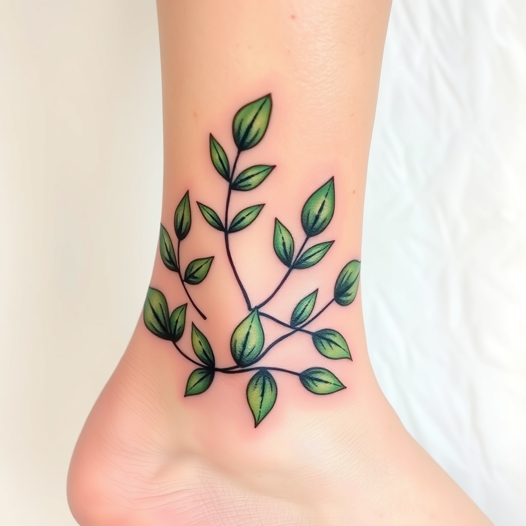 A tattoo design of Eycuyptus leaves around the ankle in the style of realistic. - plants tattoo design generated by AI tattoo generator