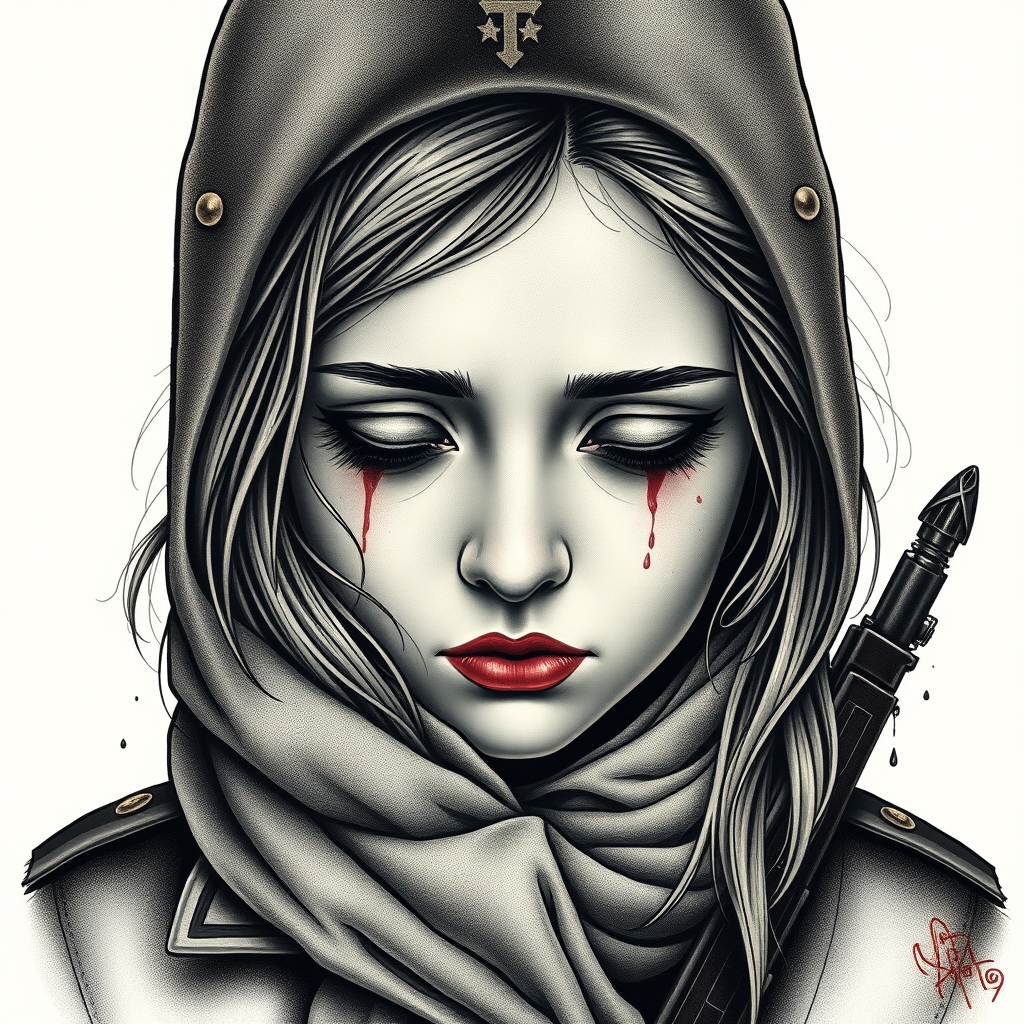 A tattoo design of Ukranian Soldier girl sad in the style of surrealistic. - military portrait tattoo design generated by AI tattoo generator